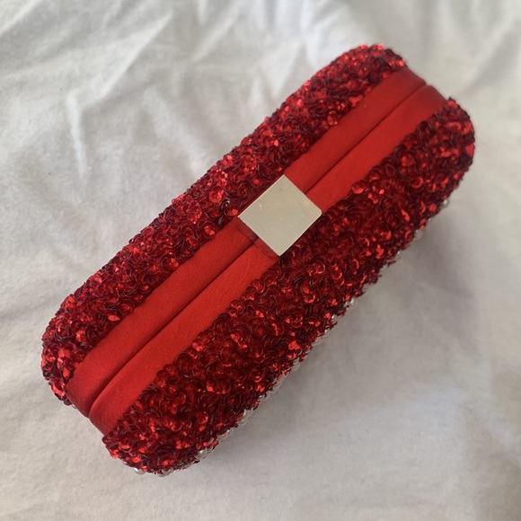 Santi Red Sequin Imitation Pearl Satin Clutch - Picture 2 of 7